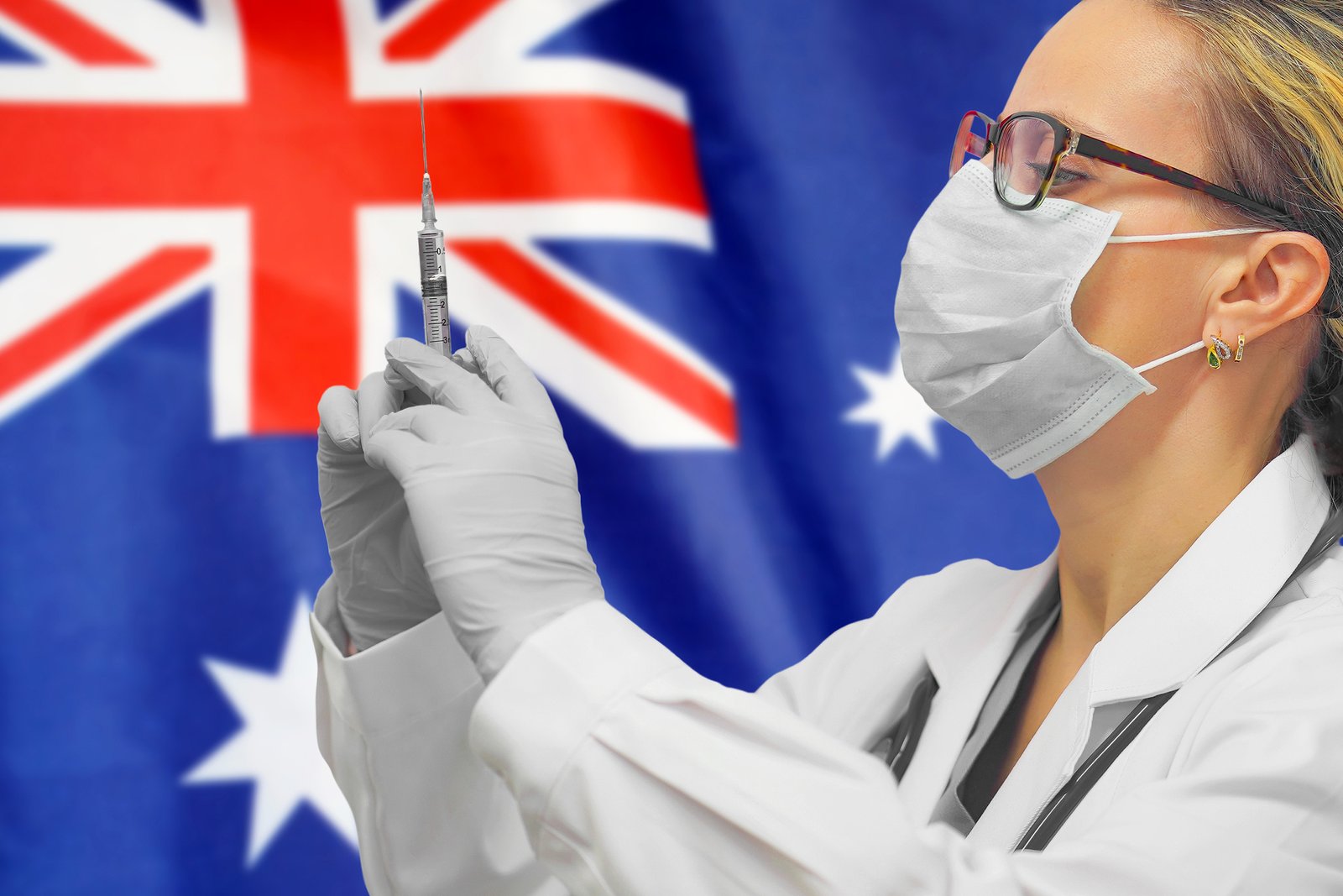 Female doctor. Influenza from coronavirus, prevention of pandemic virus infection. Virus in Australia.