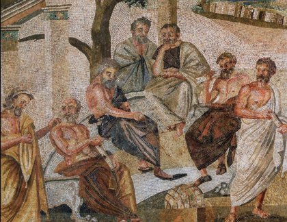 Mosaico del siglo I hallado en Pompeya que representa a la Academia de Platón.