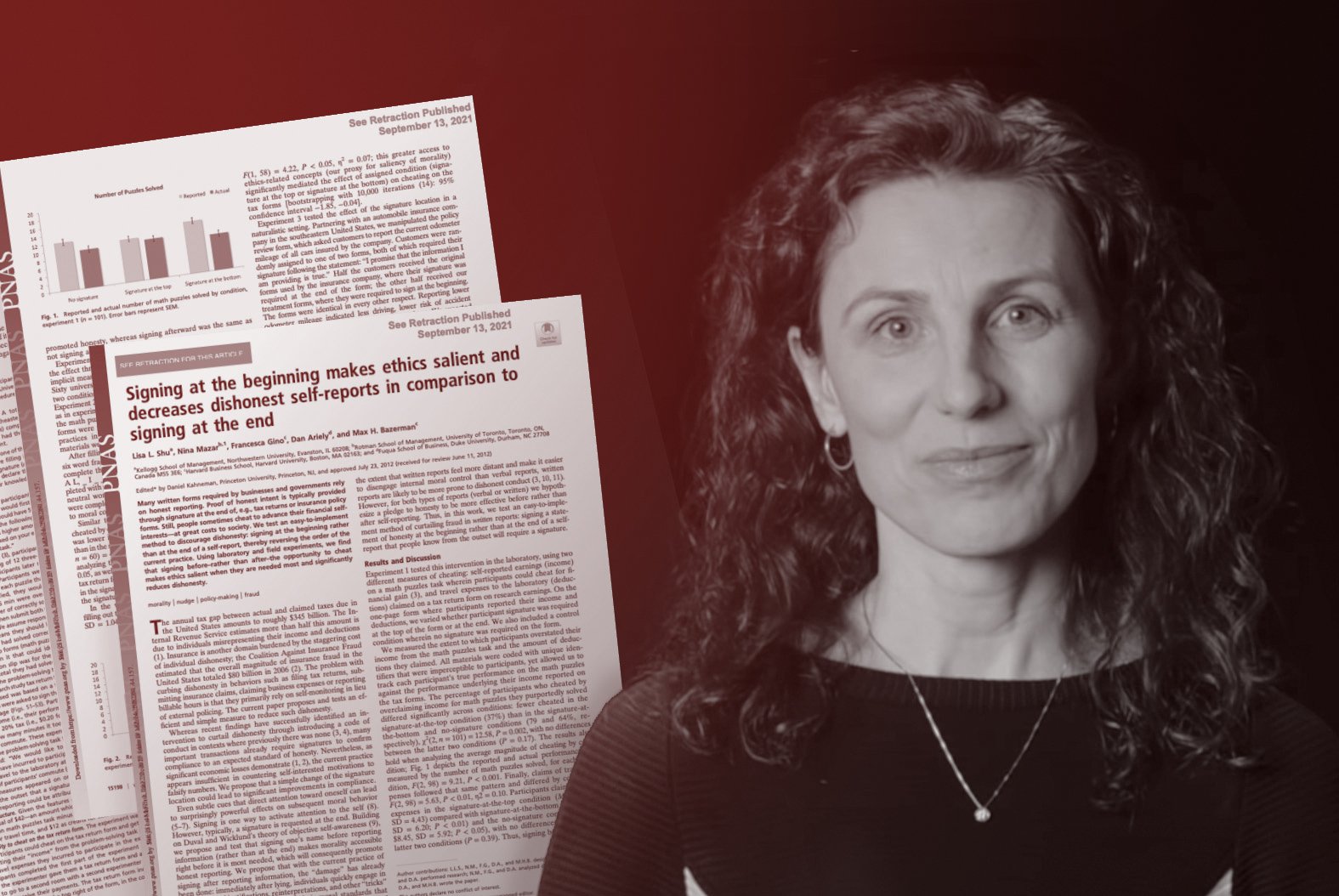 Collage of pages from a disputed paper, and a portrait of Francesca Gino