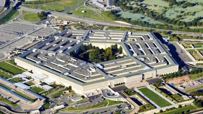 US Pentagon in Washington DC building looking down aerial view from above