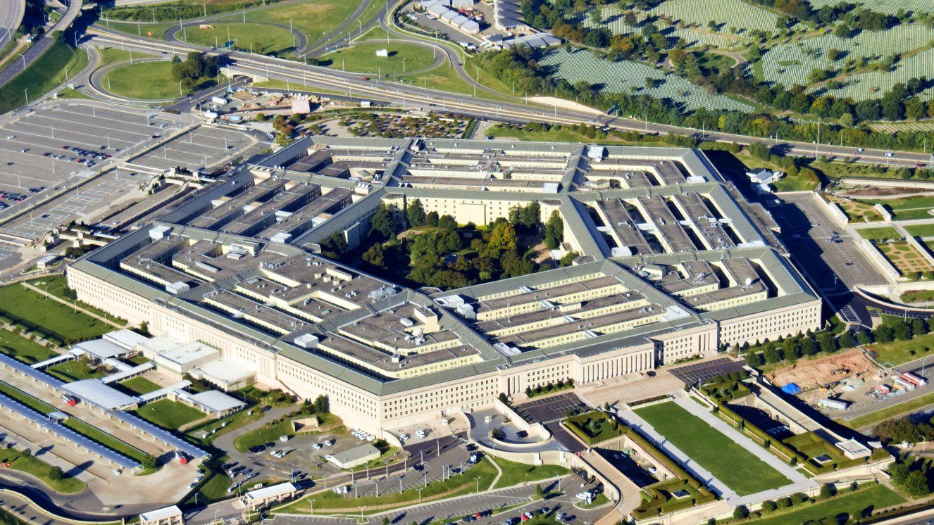 US Pentagon in Washington DC building looking down aerial view from above