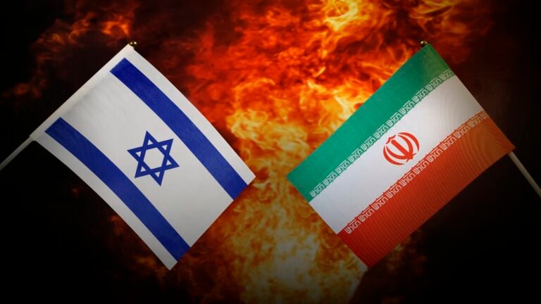 Flags of iran and Israel of america against background of a fiery explosion. The concept of enmity and war between countries. Tense political relations.