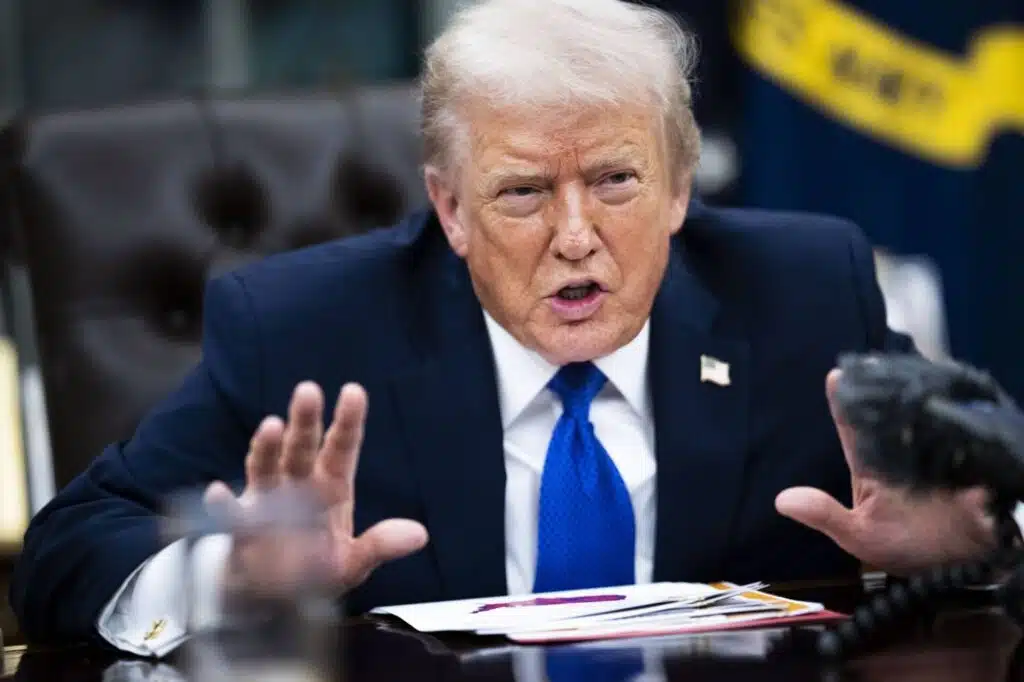 President Donald Trump gestures during an interview with The New York Times in the Oval Office on Wednesday, Jan. 7, 2026. (Doug Mills/The New York Times)