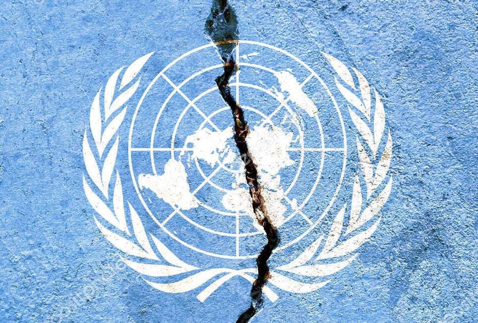 A 3D rendering of the UN flag on a cracking rough surface